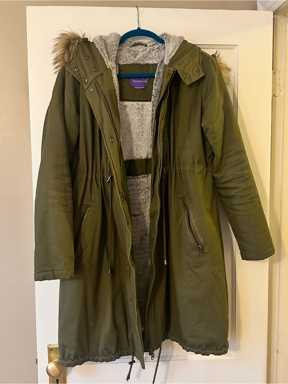 Seraphine Penelope Baby Wearing Coat 3 in 1 Green Maternity Fur Lined Parka 10 - Picture 4 of 12